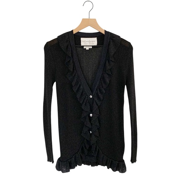 Vintage Yves Saint Laurent Black Metallic Ruffled Lapel Cardigan- Rare Find - Picture 2 of 11